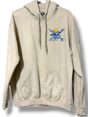 One Piece size medium pullover cream hoodie graphic print words damaged as shown
